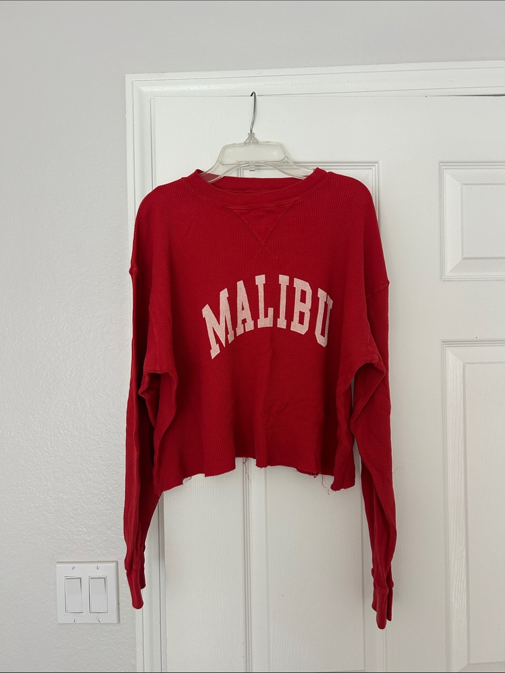 Malibu Bright Red Waffle-Knit Cropped Crewneck Sweater